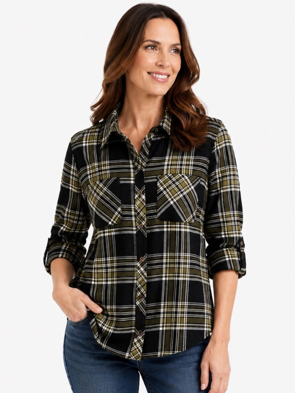Natural Reflections 100% Cotton Plaid Button Front Shirt Olive Green Black —L